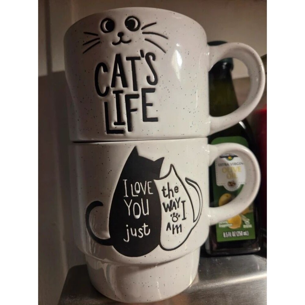 Two piece stackable cat Grey black mugs
